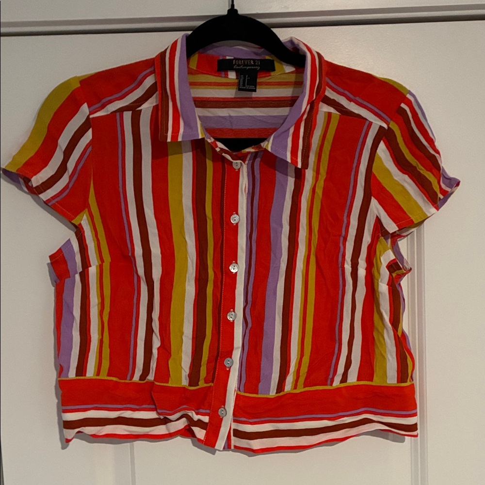 Forever 21 Multicolored Striped Crop Button Down Top